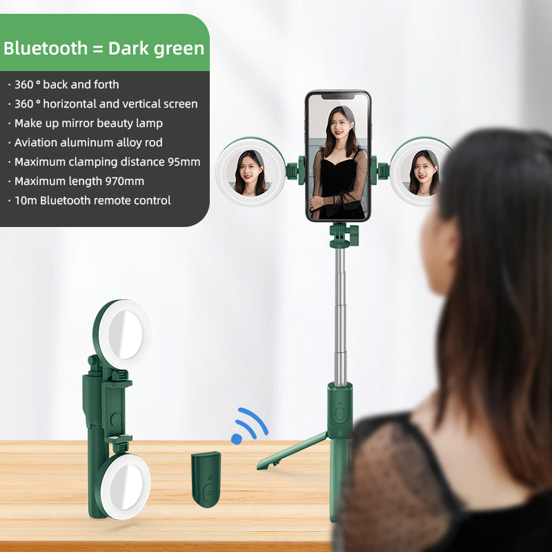 R12 Extendable Bluetooth Selfie Stick Tripod Stand with Double Ring Light Makeup Mirror - Green