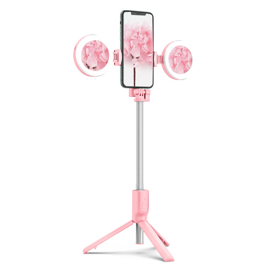 R12 Extendable Bluetooth Selfie Stick Tripod Stand with Double Ring Light Makeup Mirror - Pink