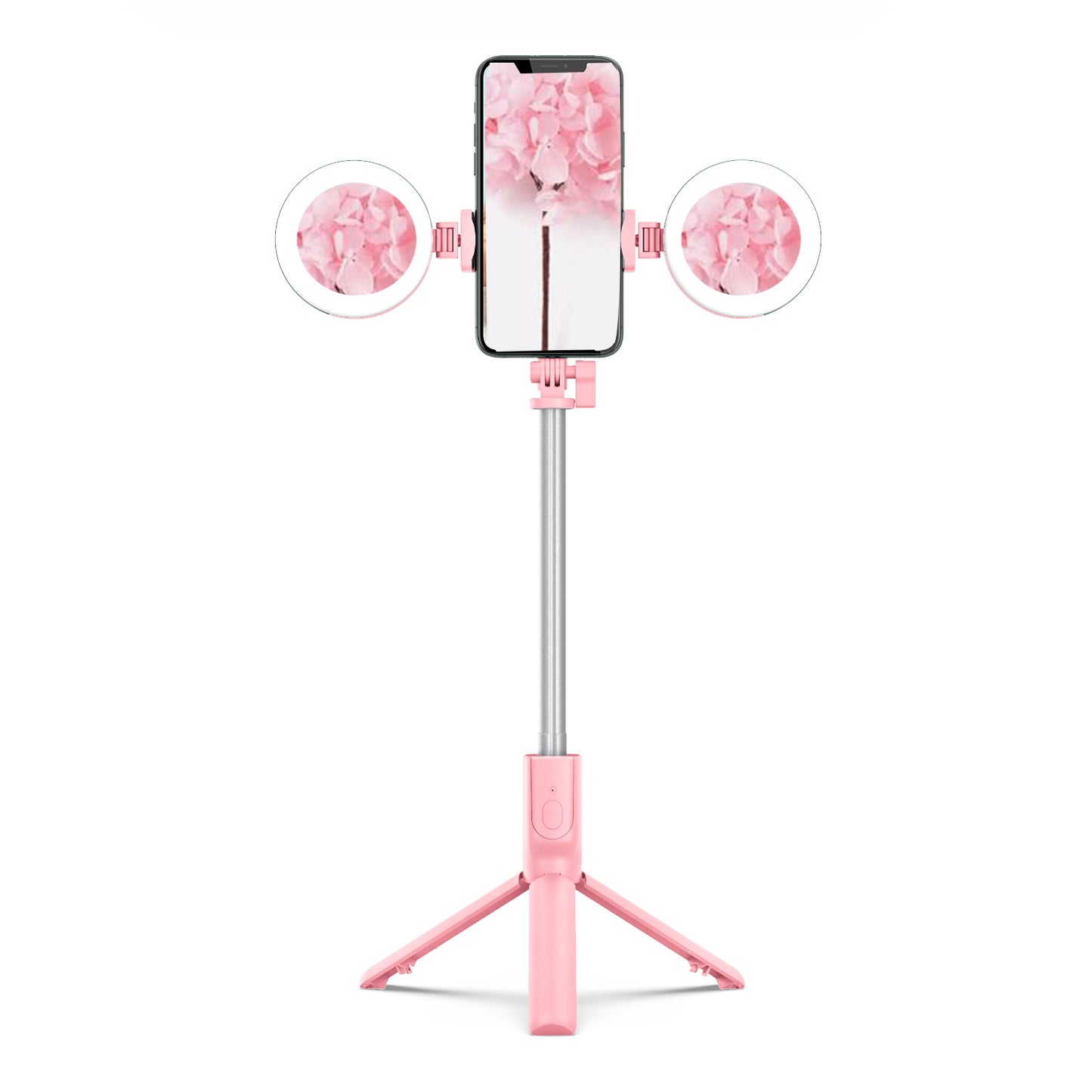 R12 Extendable Bluetooth Selfie Stick Tripod Stand with Double Ring Light Makeup Mirror - Pink