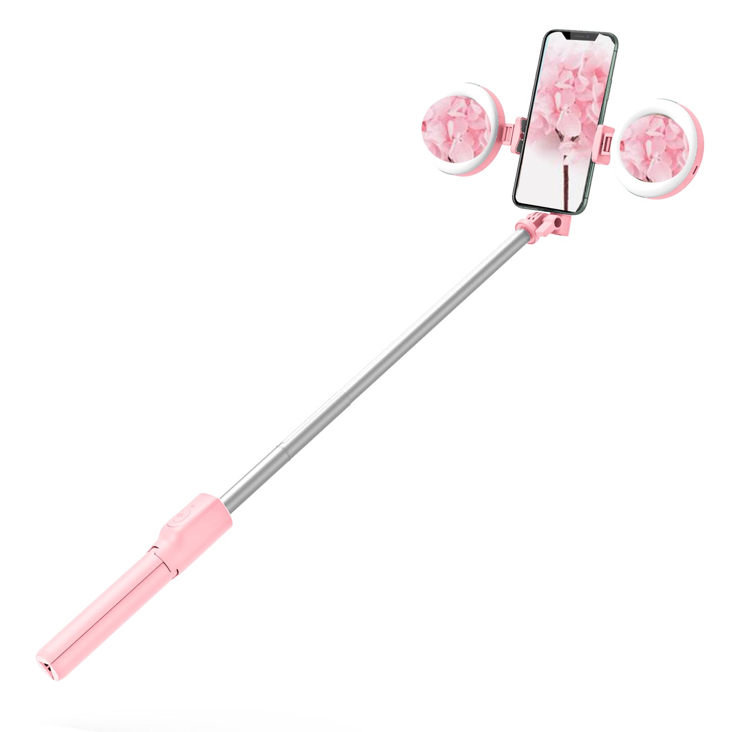 R12 Extendable Bluetooth Selfie Stick Tripod Stand with Double Ring Light Makeup Mirror - Pink
