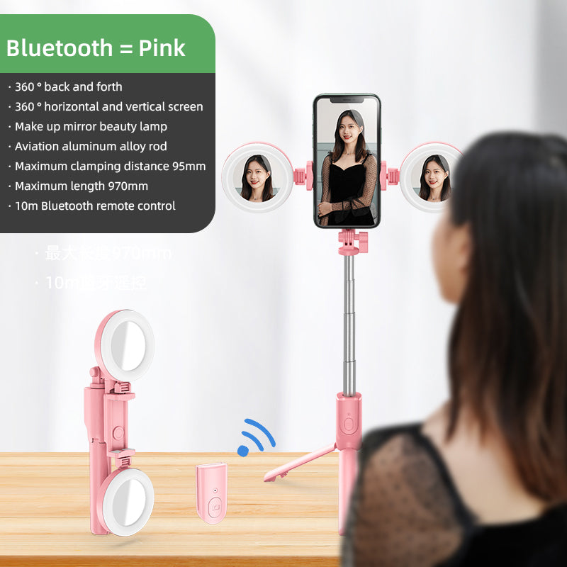 R12 Extendable Bluetooth Selfie Stick Tripod Stand with Double Ring Light Makeup Mirror - Pink