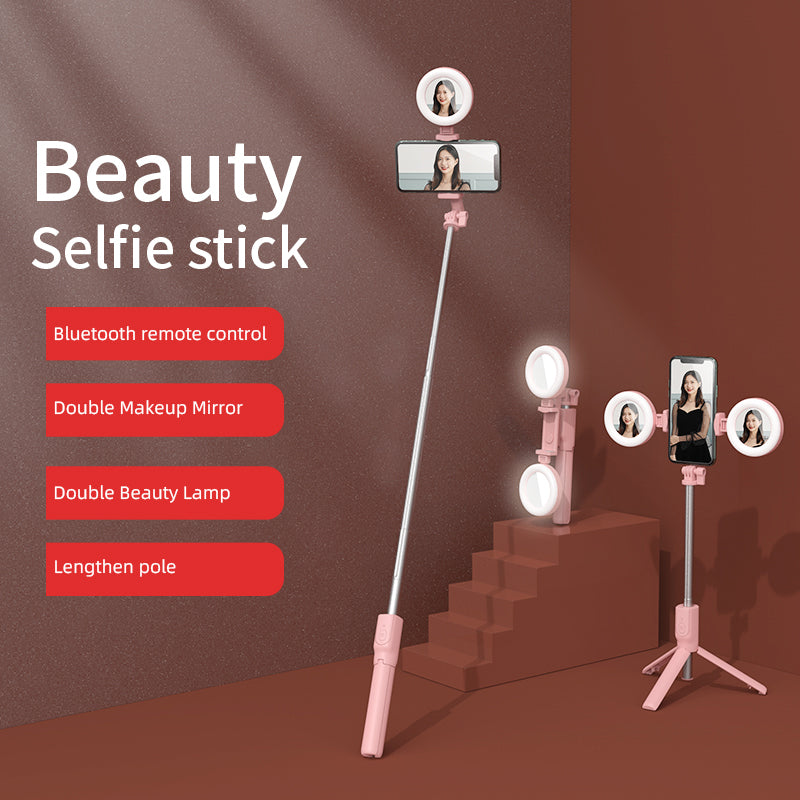 R12 Extendable Bluetooth Selfie Stick Tripod Stand with Double Ring Light Makeup Mirror - Pink