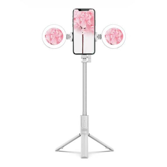 R12 Extendable Bluetooth Selfie Stick Tripod Stand with Double Ring Light Makeup Mirror - White