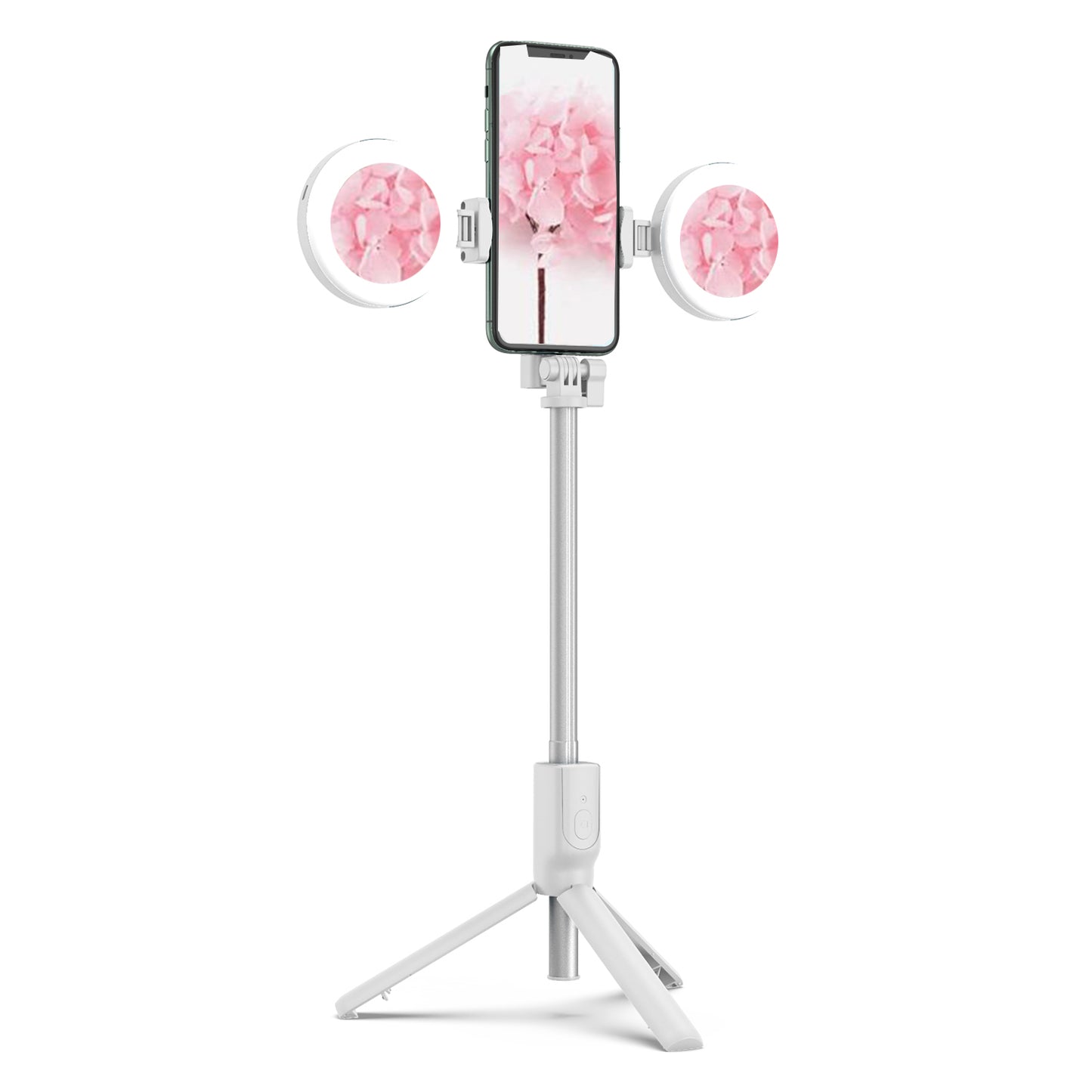 R12 Extendable Bluetooth Selfie Stick Tripod Stand with Double Ring Light Makeup Mirror - White