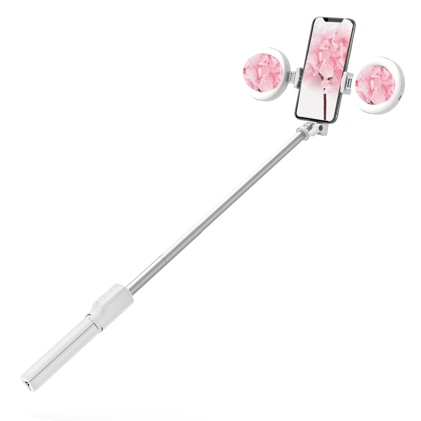 R12 Extendable Bluetooth Selfie Stick Tripod Stand with Double Ring Light Makeup Mirror - White