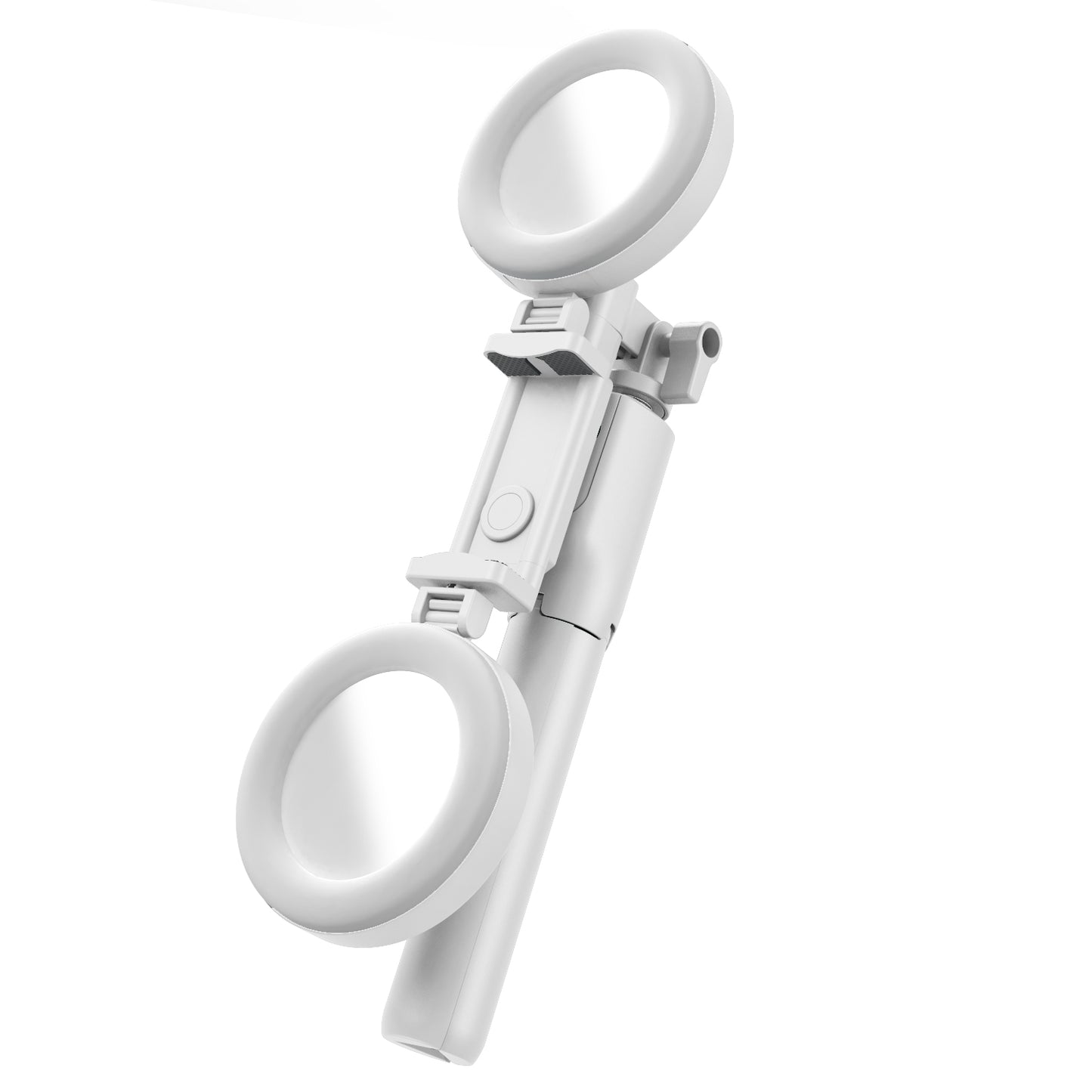 R12 Extendable Bluetooth Selfie Stick Tripod Stand with Double Ring Light Makeup Mirror - White