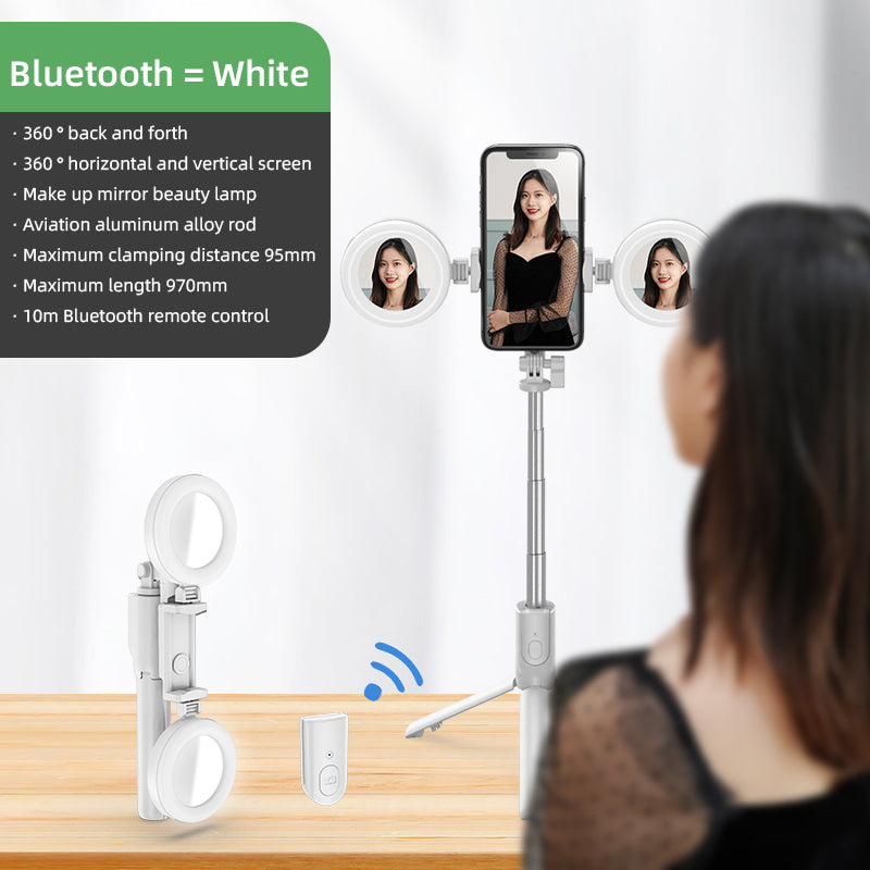 R12 Extendable Bluetooth Selfie Stick Tripod Stand with Double Ring Light Makeup Mirror - White