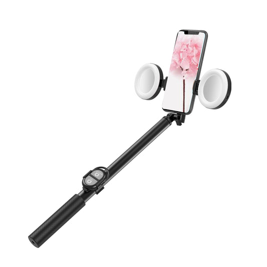 R13 2-in-1 Extendable Bluetooth Selfie Stick Phone Tripod Stand with Double Ring Light Makeup Mirror - Black