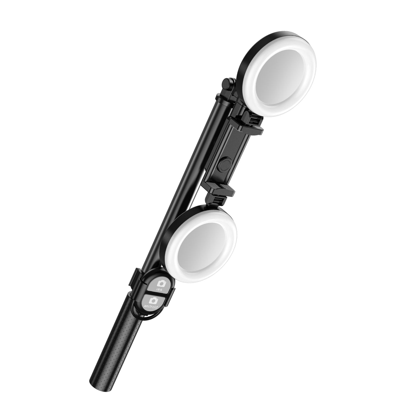 R13 2-in-1 Extendable Bluetooth Selfie Stick Phone Tripod Stand with Double Ring Light Makeup Mirror - Black