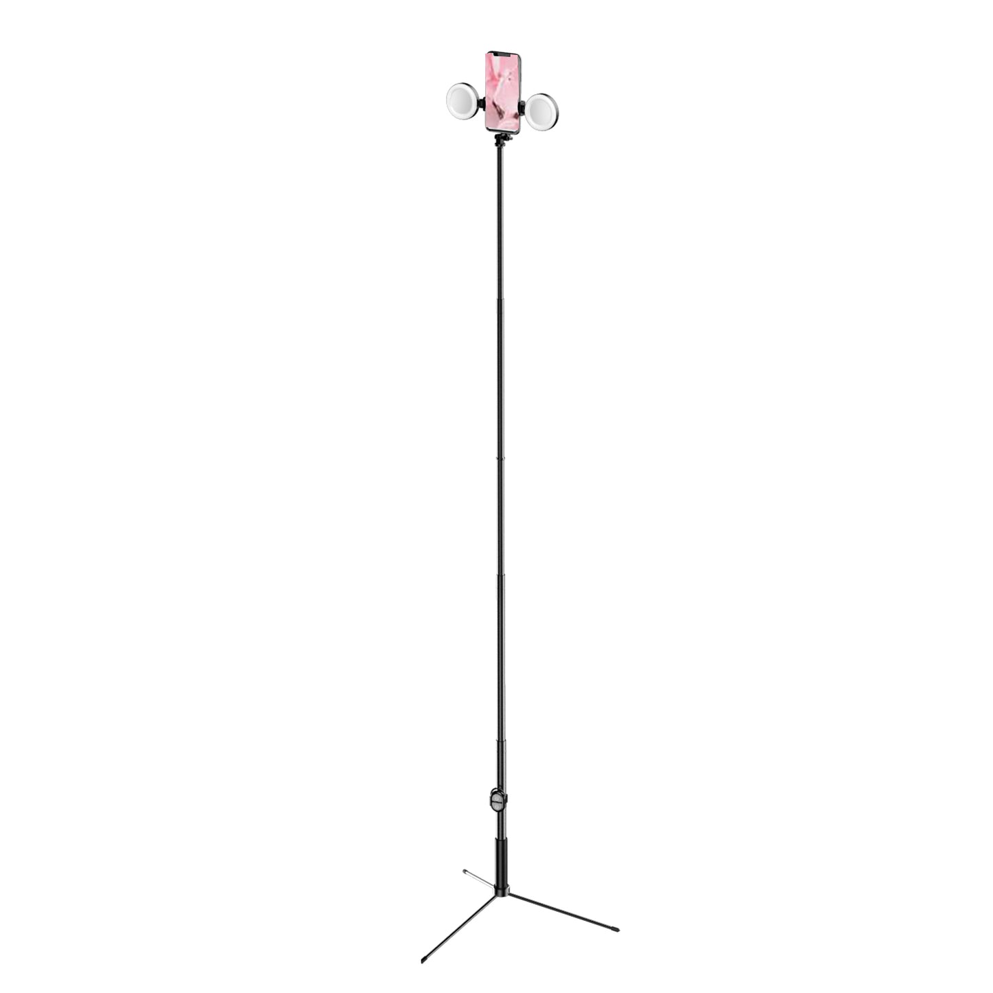 R13 2-in-1 Extendable Bluetooth Selfie Stick Phone Tripod Stand with Double Ring Light Makeup Mirror - Black