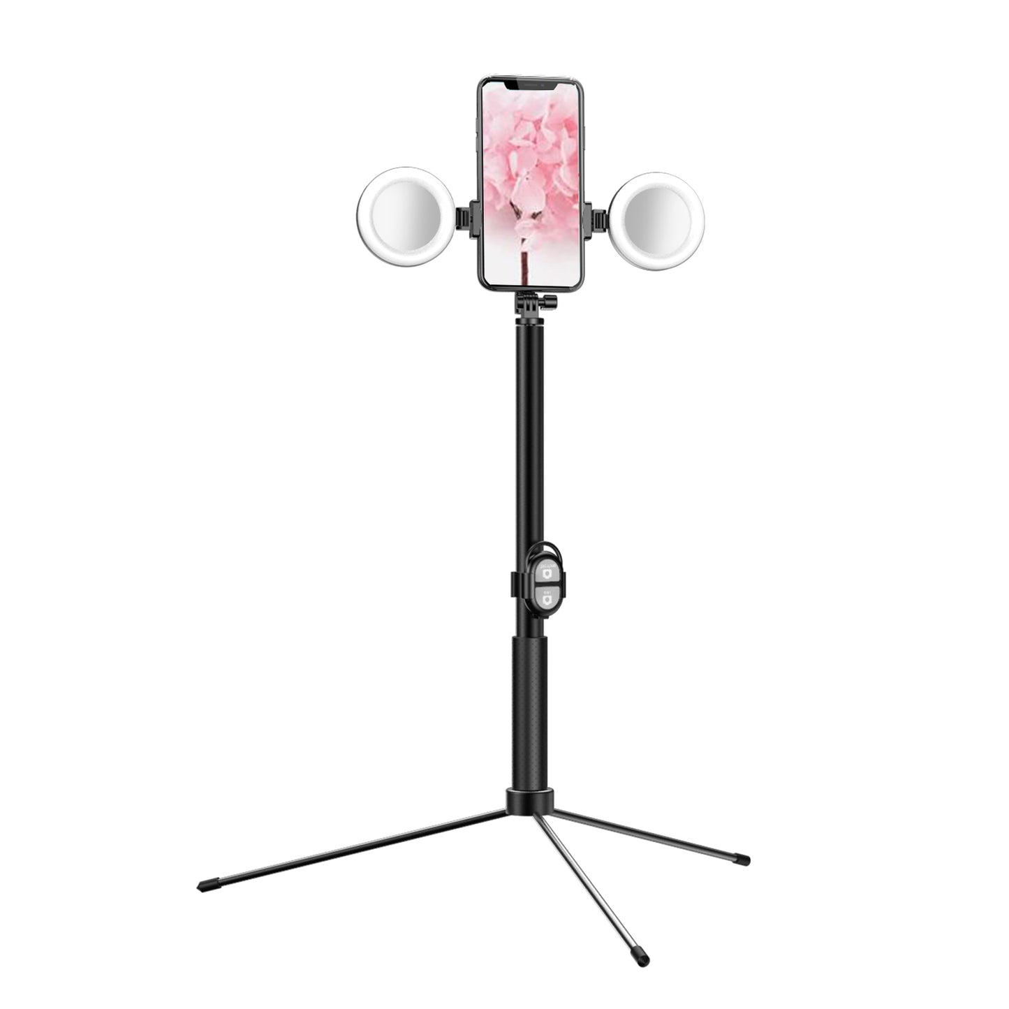 R13 2-in-1 Extendable Bluetooth Selfie Stick Phone Tripod Stand with Double Ring Light Makeup Mirror - Black