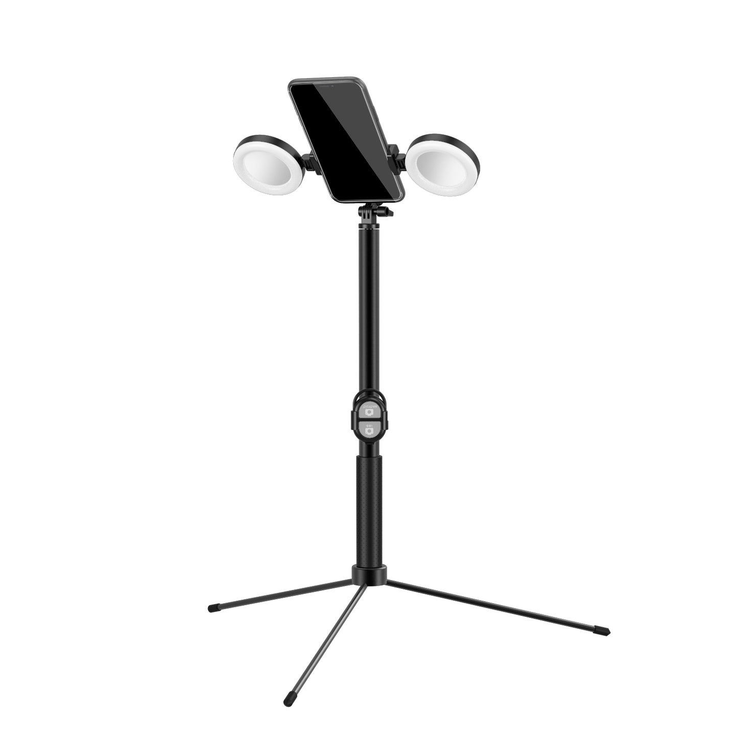 R13 2-in-1 Extendable Bluetooth Selfie Stick Phone Tripod Stand with Double Ring Light Makeup Mirror - Black