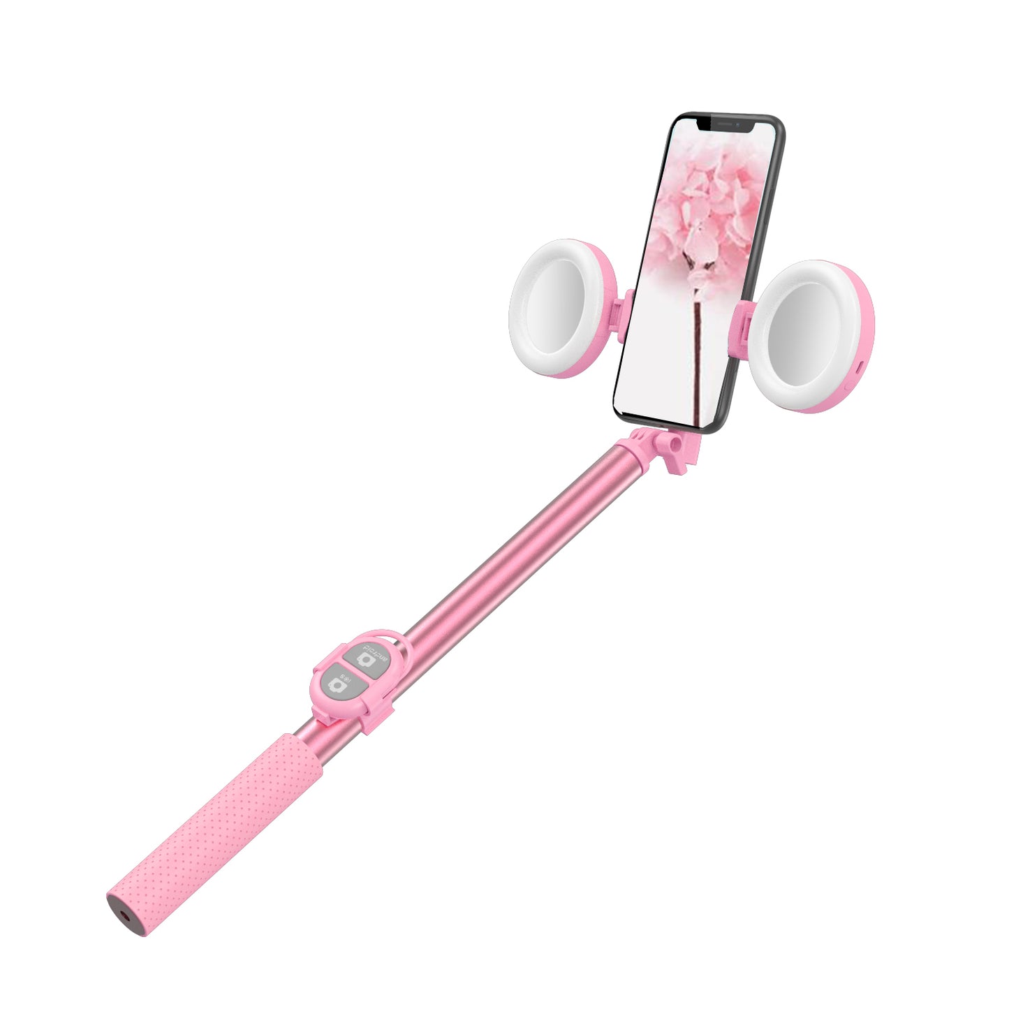 R13 2-in-1 Extendable Bluetooth Selfie Stick Phone Tripod Stand with Double Ring Light Makeup Mirror - Pink