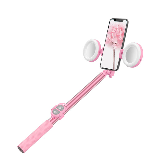 R13 2-in-1 Extendable Bluetooth Selfie Stick Phone Tripod Stand with Double Ring Light Makeup Mirror - Pink