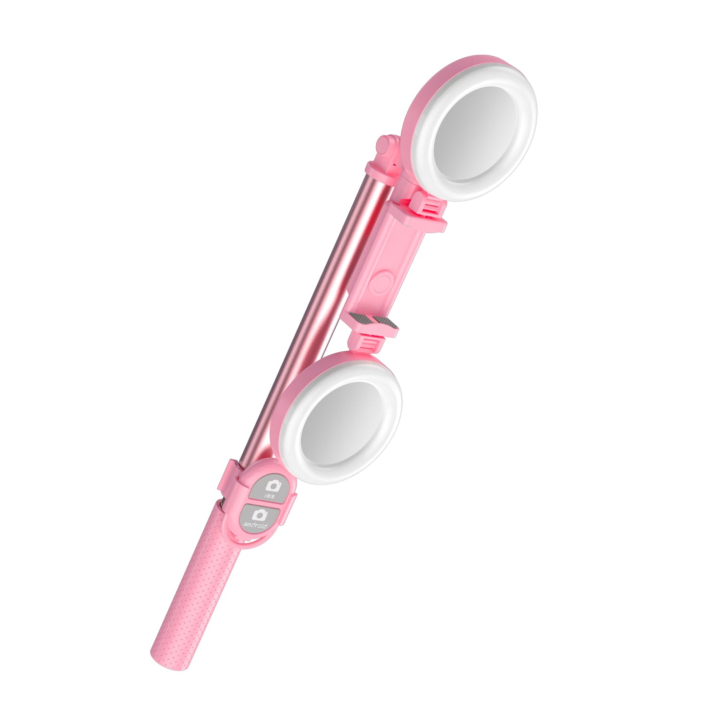 R13 2-in-1 Extendable Bluetooth Selfie Stick Phone Tripod Stand with Double Ring Light Makeup Mirror - Pink