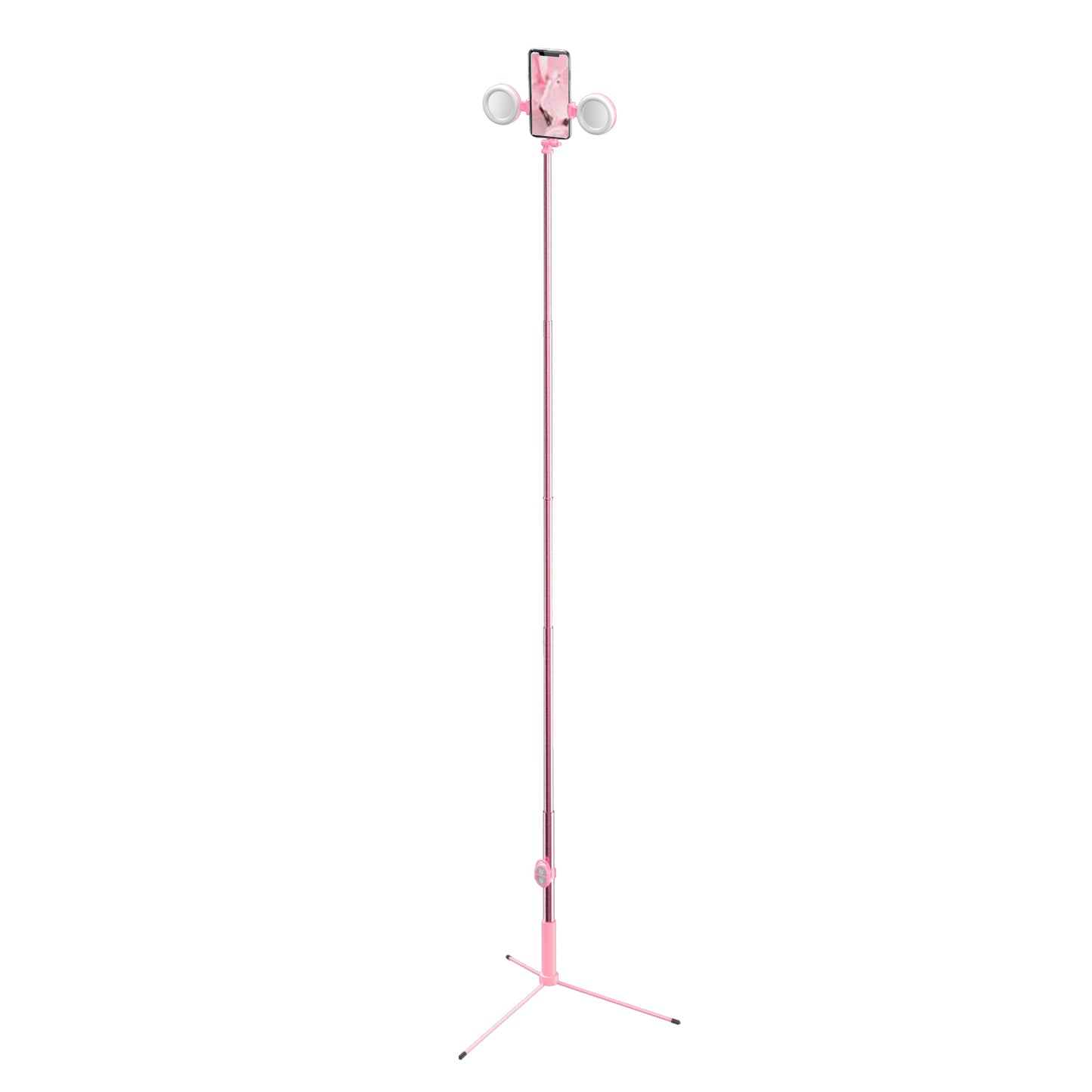 R13 2-in-1 Extendable Bluetooth Selfie Stick Phone Tripod Stand with Double Ring Light Makeup Mirror - Pink