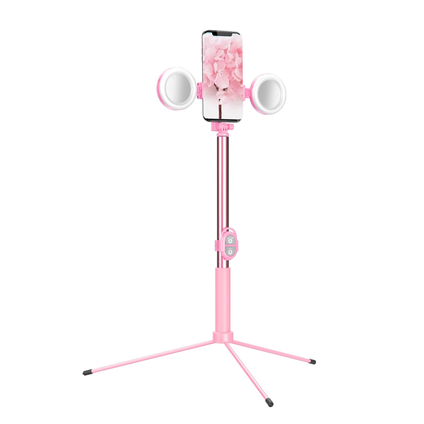 R13 2-in-1 Extendable Bluetooth Selfie Stick Phone Tripod Stand with Double Ring Light Makeup Mirror - Pink