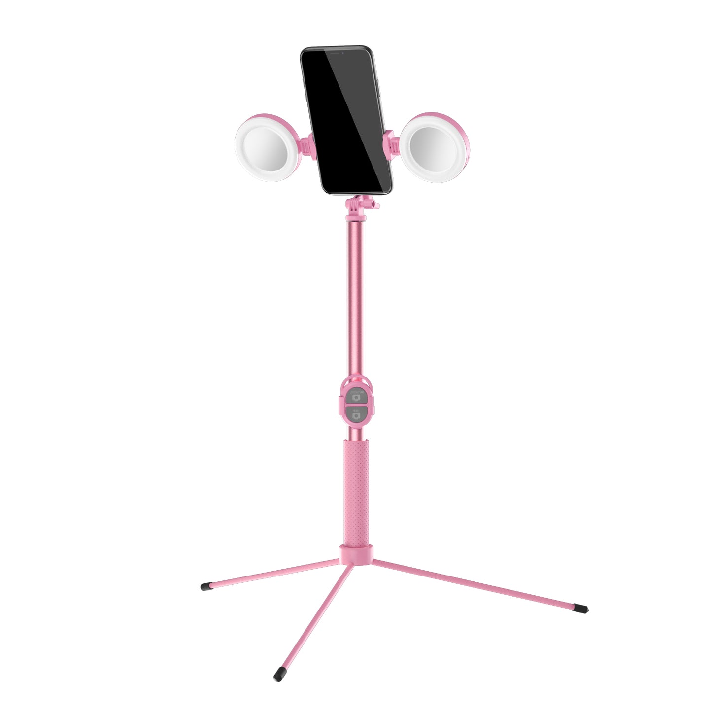 R13 2-in-1 Extendable Bluetooth Selfie Stick Phone Tripod Stand with Double Ring Light Makeup Mirror - Pink