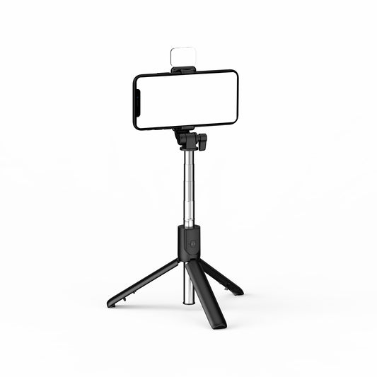 R1S Bluetooth Remote Control 360 Degree Rotation Folding Telescopic Selfie Stick Tripod with Fill Light - Black