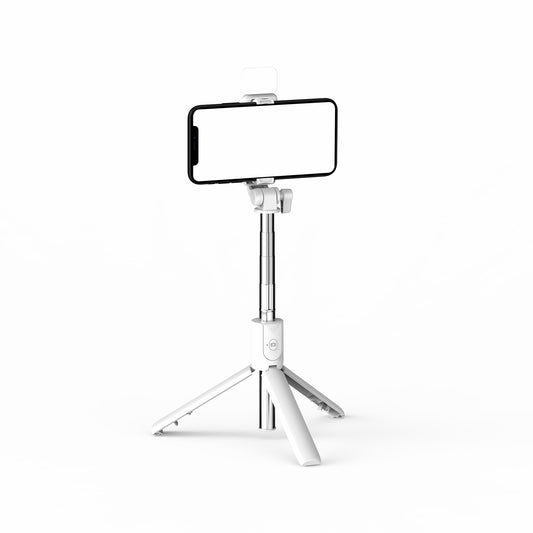 R1S Bluetooth Remote Control 360 Degree Rotation Folding Telescopic Selfie Stick Tripod with Fill Light - White