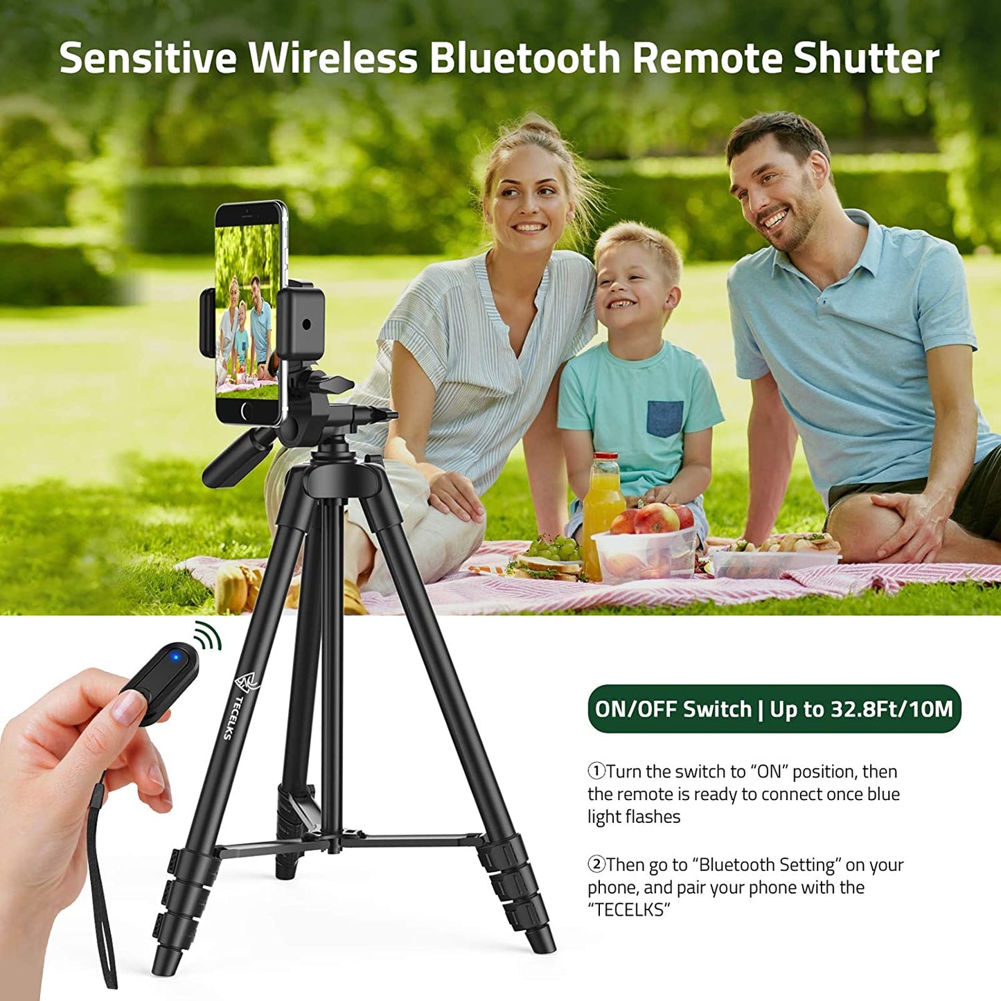 WONEW ZJ26 Height Adjustable Folding Tripod Stand with Phone Holder Bluetooth Remote Control