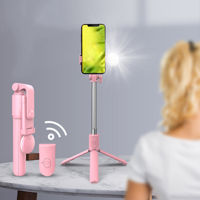 R1X Lightweight Selfie Stick with 20 LED Beads Round Fill Light - Pink