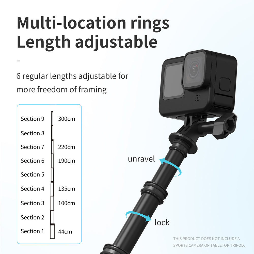 Uniqkart IS-MNP-300 3 Meter Carbon Fiber Selfie Stick Telescopic Extension Rod Monopod for Gopro