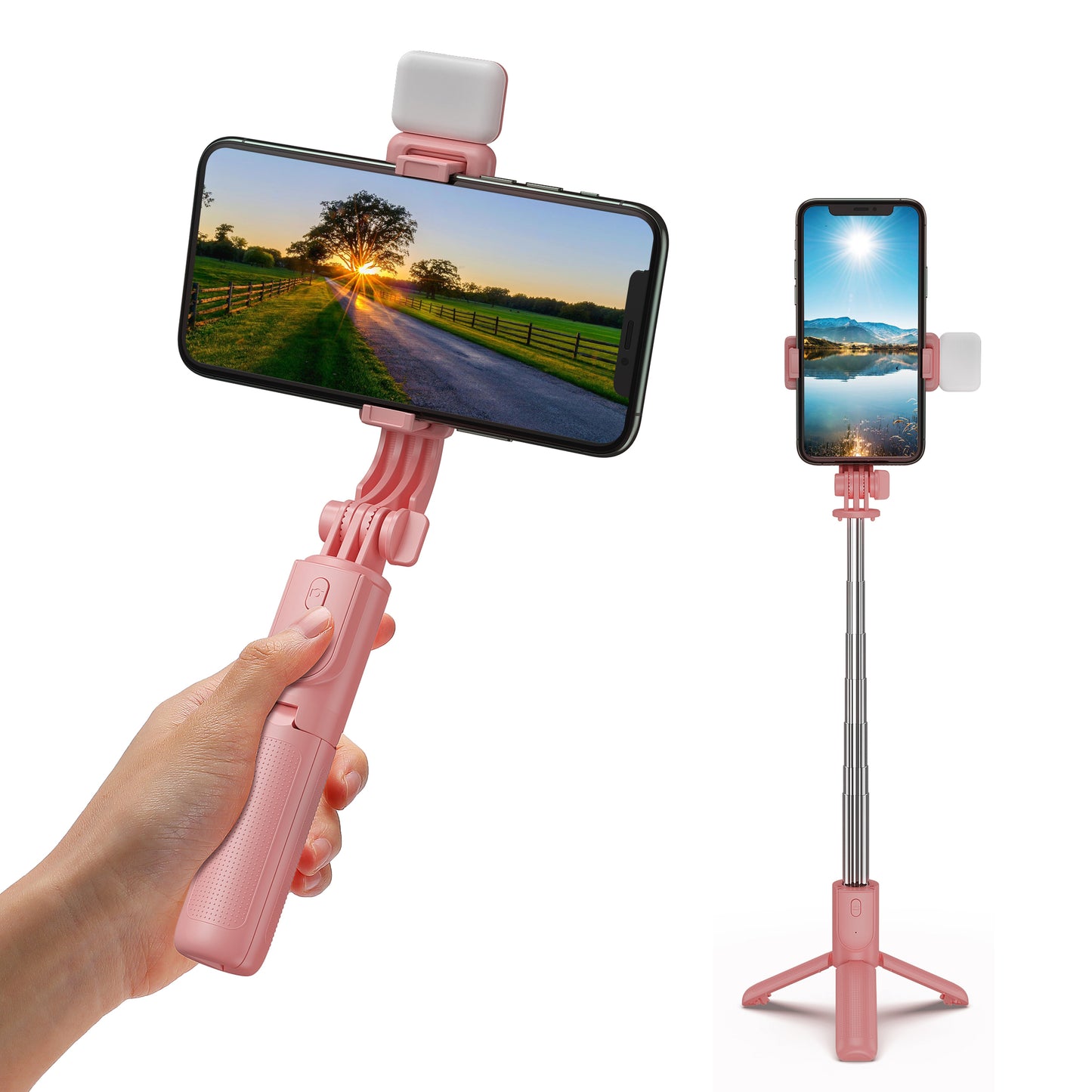 H8s Wireless Bluetooth Selfie Stick Foldable Mini Tripod Telescopic Monopod with Fill Light Remote Control for Smartphone - Pink