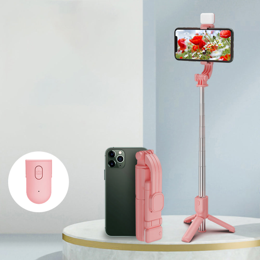 H8s Wireless Bluetooth Selfie Stick Foldable Mini Tripod Telescopic Monopod with Fill Light Remote Control for Smartphone - Pink