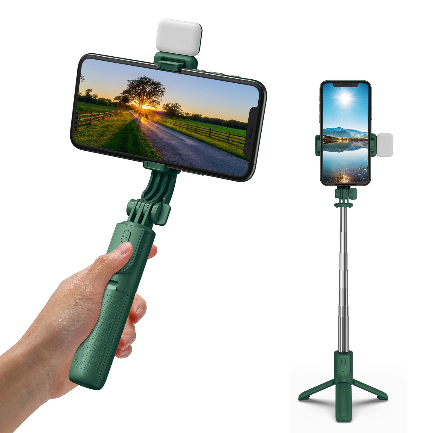 H8s Wireless Bluetooth Selfie Stick Foldable Mini Tripod Telescopic Monopod with Fill Light Remote Control for Smartphone - Blackish Green