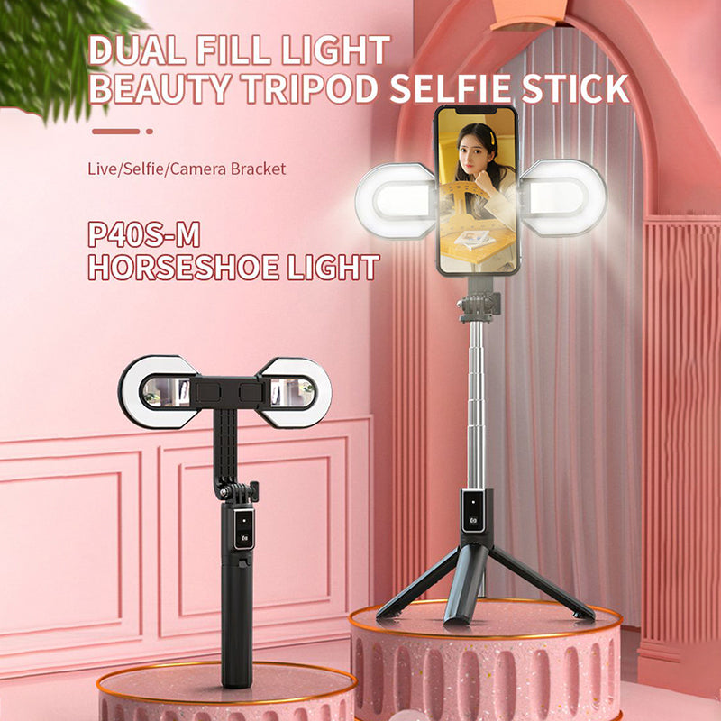 P40S-M Bluetooth Stainless Steel Extendable Rod Remote Control Selfie Stick Tripod with Dual Fill Light