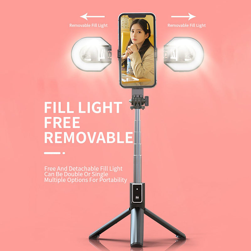 P40S-M Bluetooth Stainless Steel Extendable Rod Remote Control Selfie Stick Tripod with Dual Fill Light