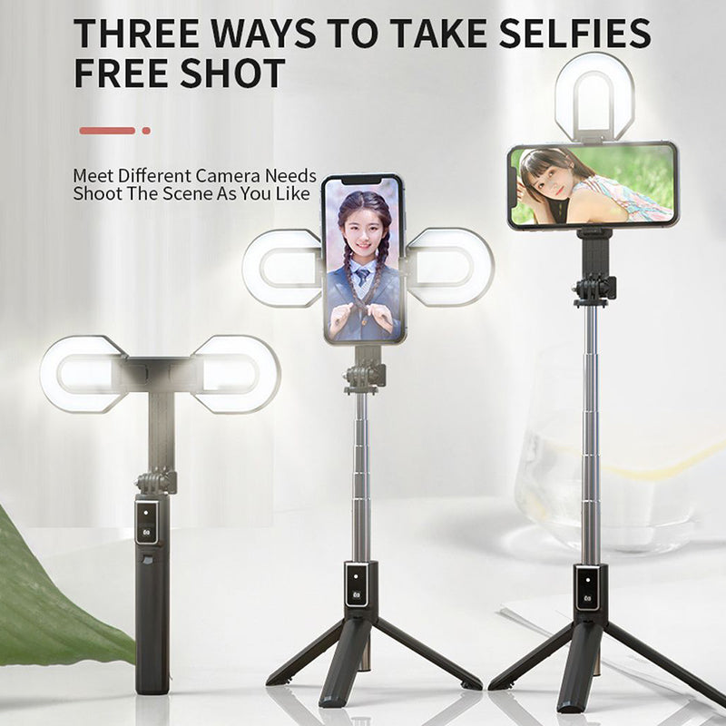 P40S-M Bluetooth Stainless Steel Extendable Rod Remote Control Selfie Stick Tripod with Dual Fill Light