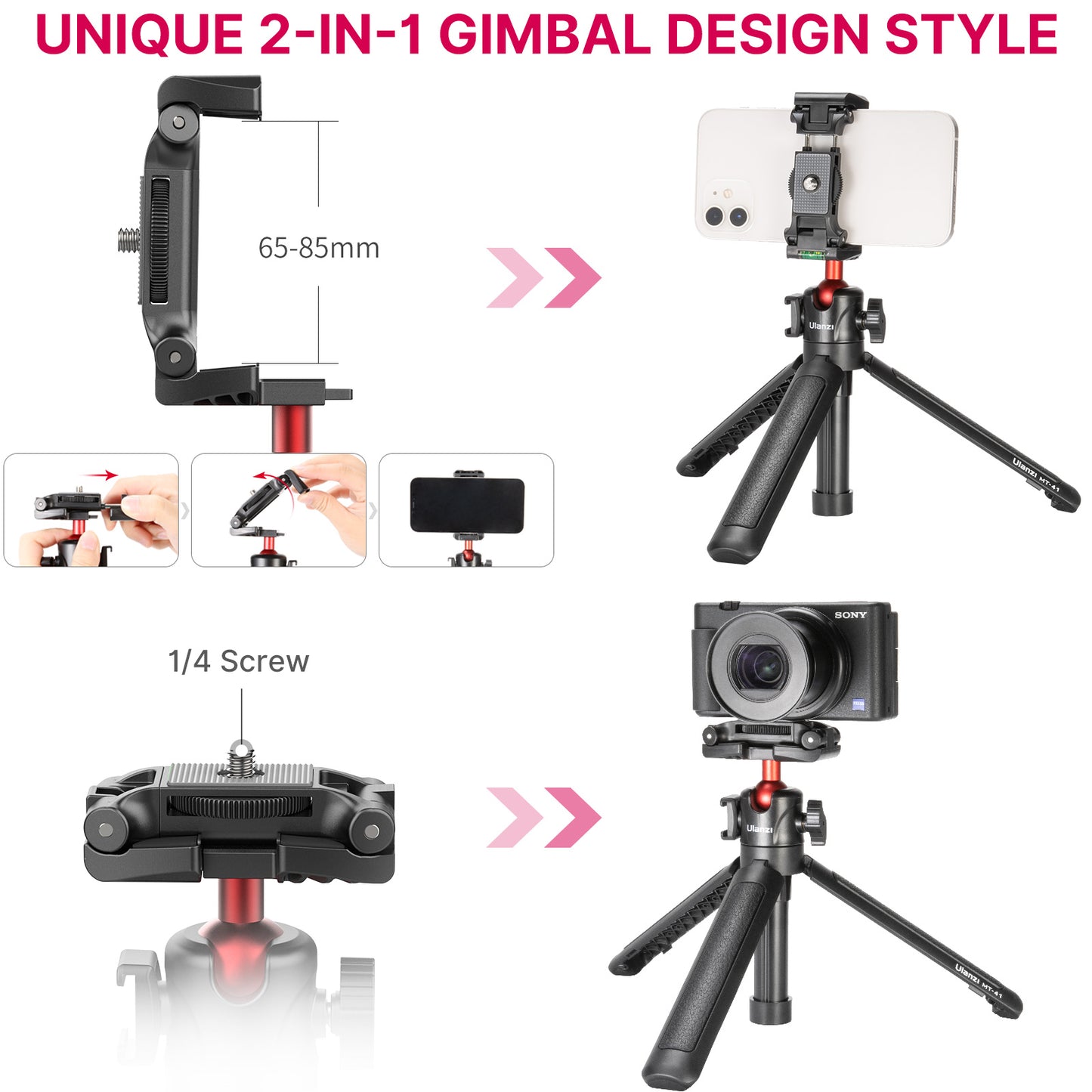 Uniqkart MT-41 Extendable Desktop Tripod Adjustable Ball Head Camera Phone Mount Holder