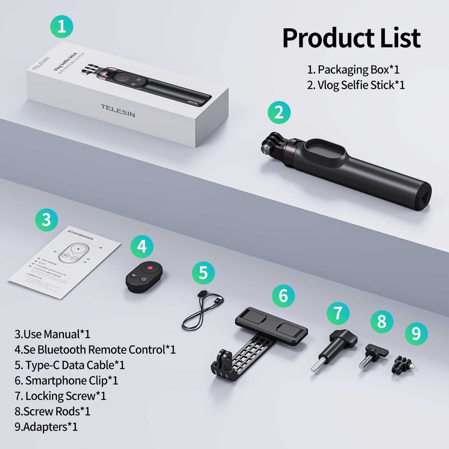 TELESIN TE-RCSS-001 Bluetooth Remote Control Tripod Folding Selfie Stick for GoPro10/9/8/MAX/IOS/Android Phones