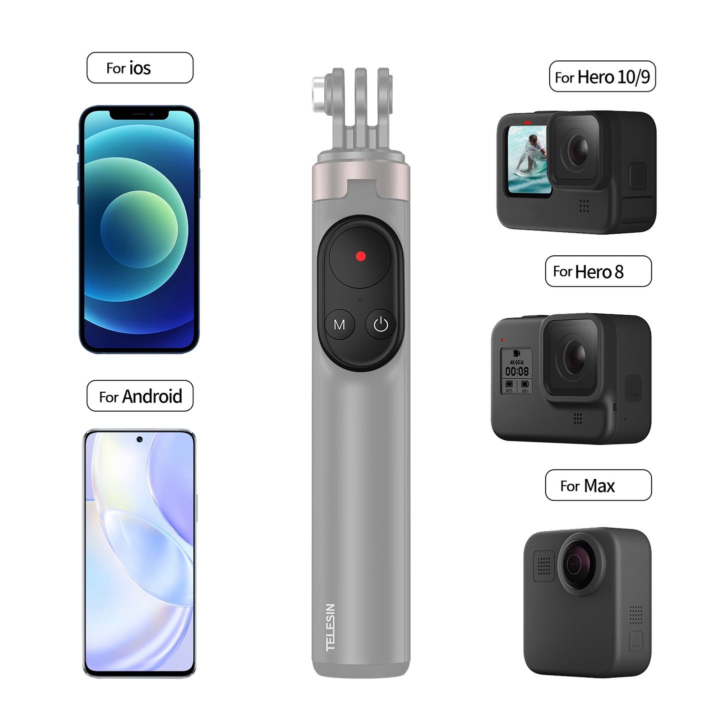 TELESIN TE-RCSS-001 Bluetooth Remote Control Tripod Folding Selfie Stick for GoPro10/9/8/MAX/IOS/Android Phones