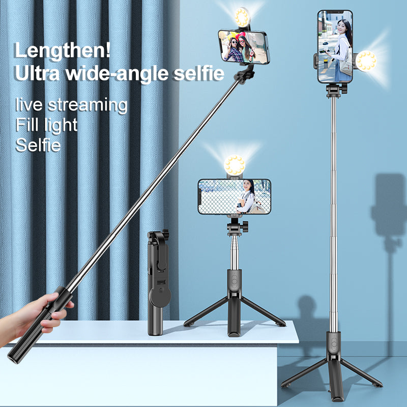 KP12S Portable Live-stream Cell Phone Stand Retractable Wireless Remote Bluetooth Selfie Stick Tripod with Fill Light