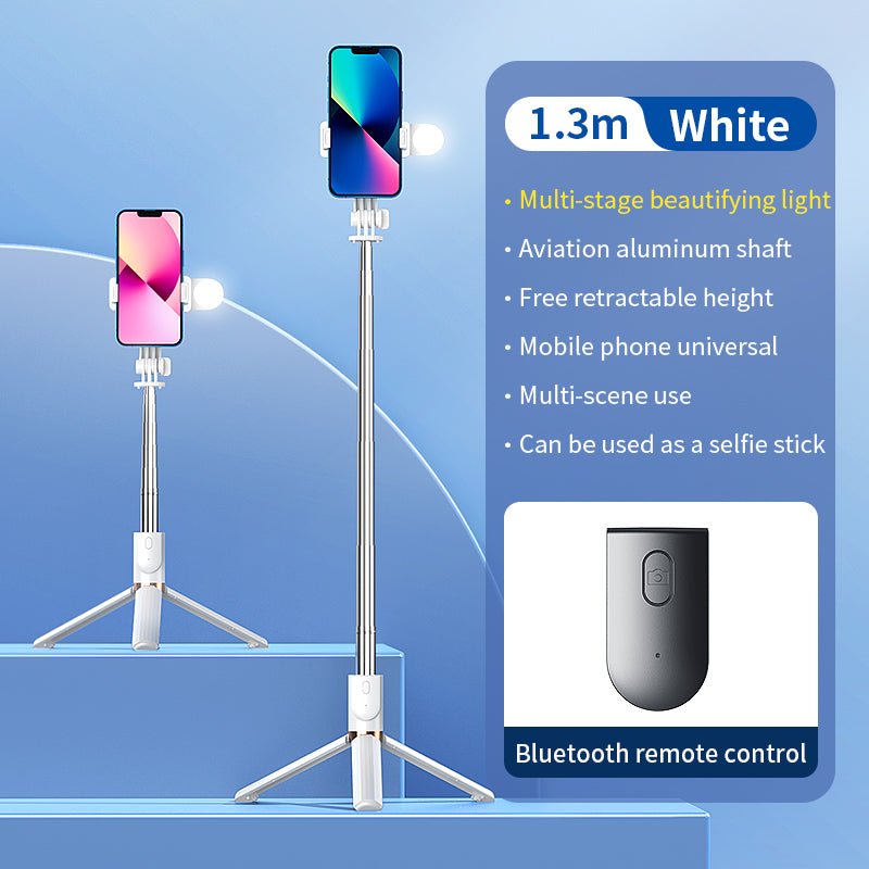 KH5S Retractable Portable Cell Phone Stand Live-stream Bluetooth Selfie Stick Tripod with Fill Light (1.3m) - White