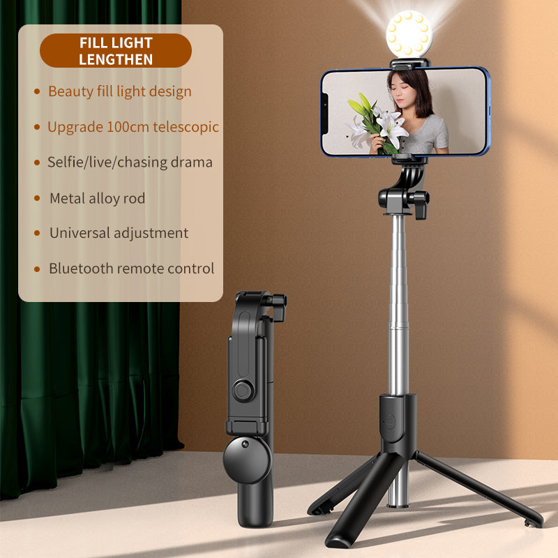 KH1S Folding Live-stream Cell Phone Tripod Retractable Bluetooth Selfie Stick with Ring Light (1m)
