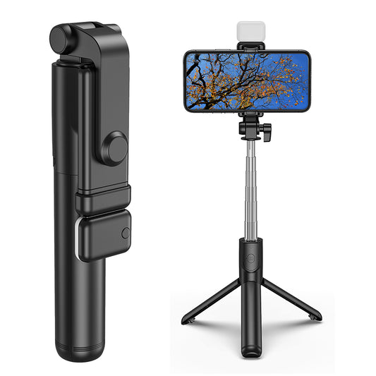 H1S 100cm Retractable Integrated Bluetooth Tripod Phone Holder Portable Adjustable Selfie Stick with Light - Black
