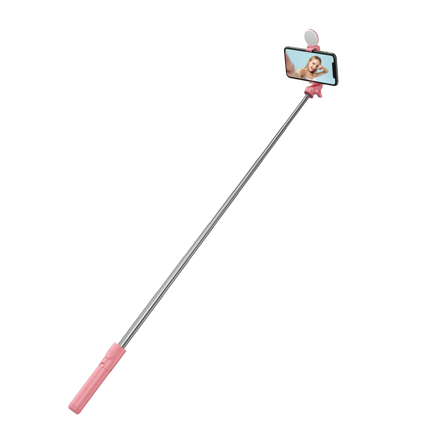 H1X 100cm Retractable Bluetooth Tripod Phone Holder Portable Adjustable Selfie Stick with Round Light - Pink