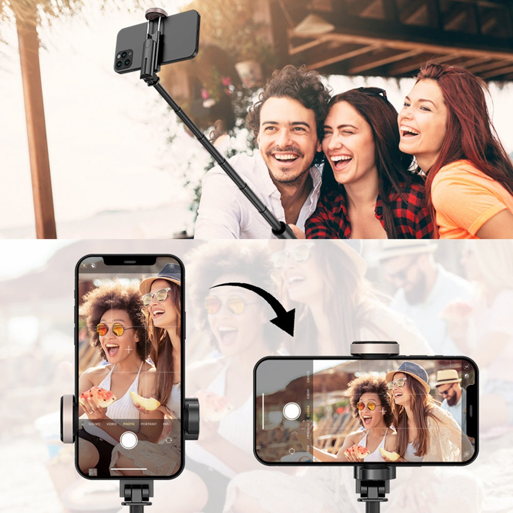 Q12 Mobile Phone Holder Tripod Extendable Aluminium Alloy Pole Live Streaming Selfie Stick with Bluetooth Remote Control - Black