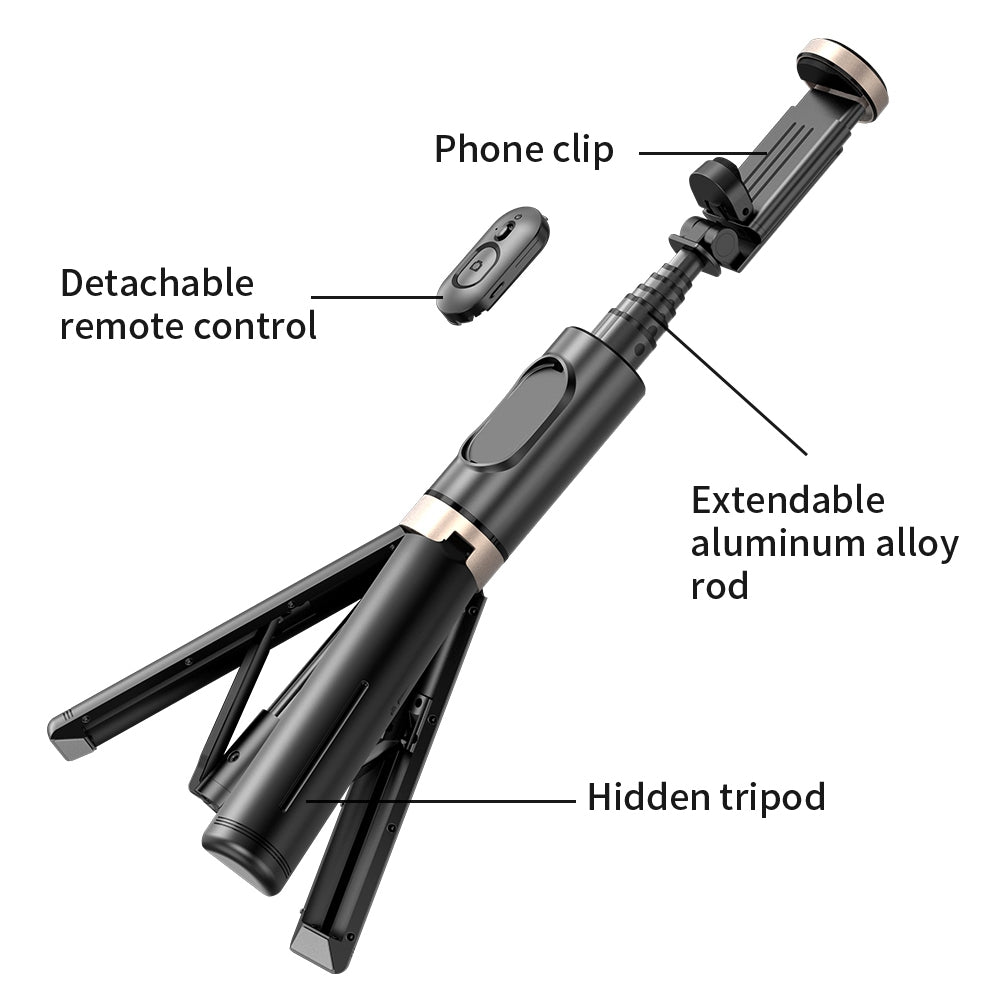 Q12 Mobile Phone Holder Tripod Extendable Aluminium Alloy Pole Live Streaming Selfie Stick with Bluetooth Remote Control - Pink