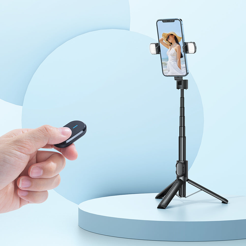 MCDODO MDD SS-1771 Dual Lights Wireless Selfie Stick Portable Tripod Phone Stand with 360-Degree Rotating Phone Clip/Remote for Photography Live Streaming - Black