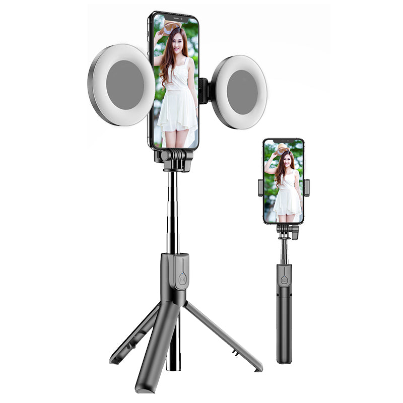 Portable Wireless Selfie Stick Retractable Tripod Phone Stand 360-Degree Rotating Phone Clip with Dual Ring Fill Lights/Remote - Black