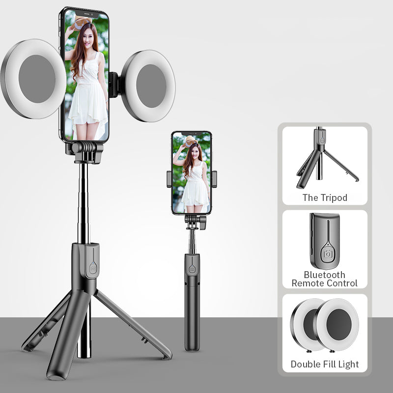 Portable Wireless Selfie Stick Retractable Tripod Phone Stand 360-Degree Rotating Phone Clip with Dual Ring Fill Lights/Remote - Black