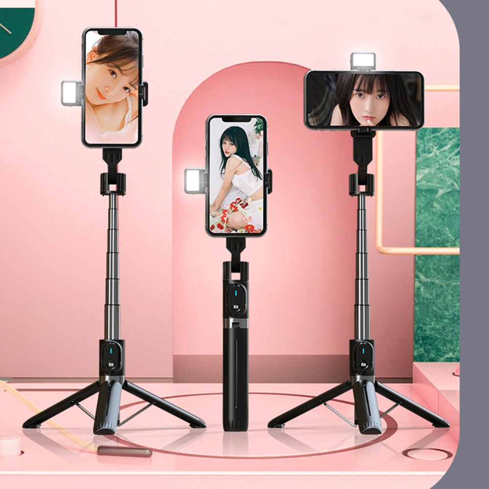 P90D Selfie Stick Phone Clip Holder Wireless Bluetooth Remote Control Portable 1.1m Tripod Stand with One Fill Light - Black
