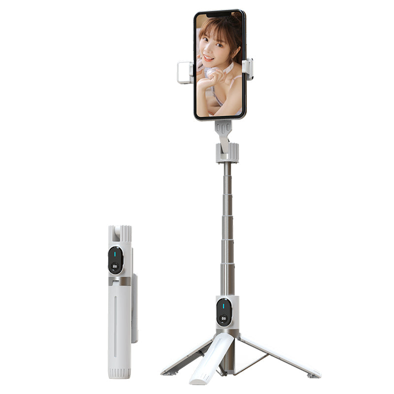 P90D Selfie Stick Phone Clip Holder Wireless Bluetooth Remote Control Portable 1.1m Tripod Stand with One Fill Light - White