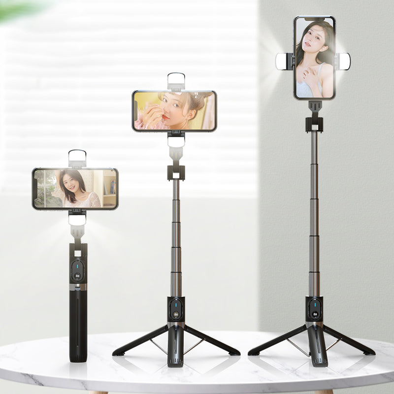 P90D-2 1.1m Extension Tripod Stand Phone Clip Holder Wireless Remote Controlled Selfie Stick with Dual Fill Lights - Black