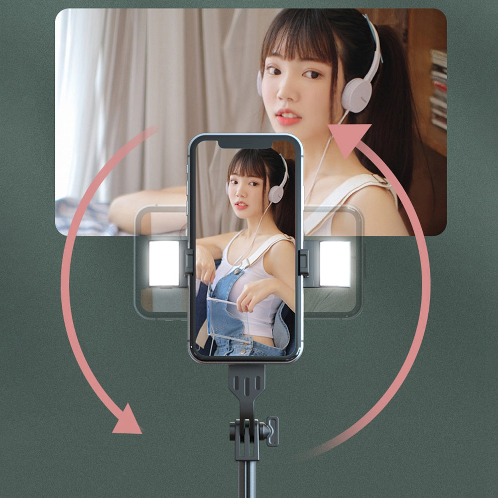 P160D-2 1.6m Extendable Selfie Stick Stable Tripod Stand with Dual Fill Lights and Wireless Bluetooth Remote Control - Black